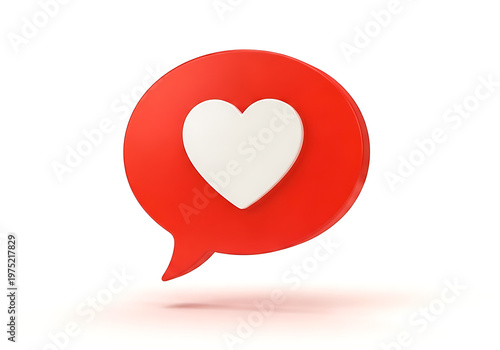 Red 3D Glossy Speech Bubble with White Heart Icon. Creative Social Media Engagement and Love Communication Concept.
