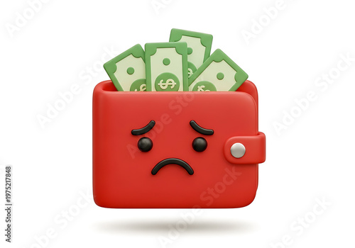 Sad wallet icon with cash spilling out and a frowning face isolated on white background