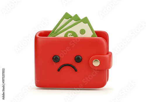 A sad wallet holding some money with a frowning face isolated on white background