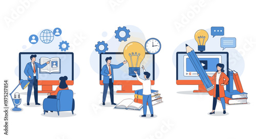 Online education, home schooling student gets new knowledge and ideas, e-learning design over background. E-learning set flat vector modern illustration
