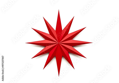 Red paper star with eight points and 3D folds. Traditional festive decoration for holiday and celebration designs.