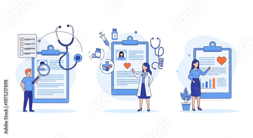 Document patient illness or disease progress, E-health system for data and information collection, Tablet with patient photo, cardiogram and health indicators for monitoring