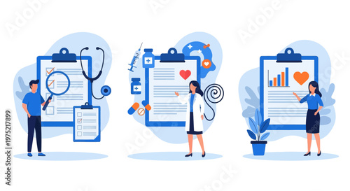 Document patient illness or disease progress, E-health system for data and information collection, Tablet with patient photo, cardiogram and health indicators for monitoring