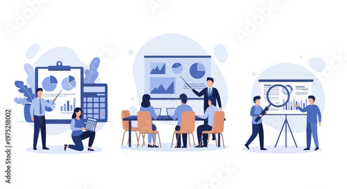 Master of Science in finance, Group of diverse people making business plan together, budget planning, study investment banking, management, set flat vector modern illustration