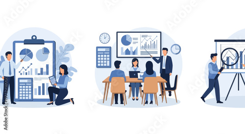 Master of Science in finance, Group of diverse people making business plan together, budget planning, study investment banking, management, set flat vector modern illustration