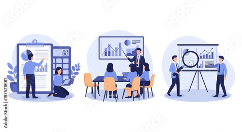 Master of Science in finance, Group of diverse people making business plan together, budget planning, study investment banking, management, set flat vector modern illustration