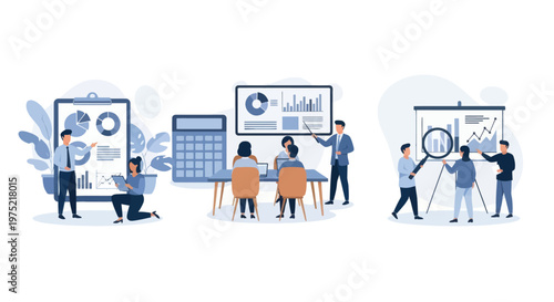 Master of Science in finance, Group of diverse people making business plan together, budget planning, study investment banking, management, set flat vector modern illustration