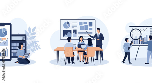 Master of Science in finance, Group of diverse people making business plan together, budget planning, study investment banking, management, set flat vector modern illustration