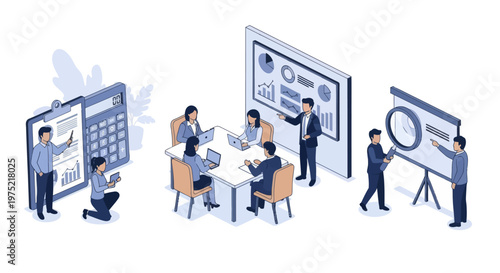 Master of Science in finance, Group of diverse people making business plan together, budget planning, study investment banking, management, set flat vector modern illustration
