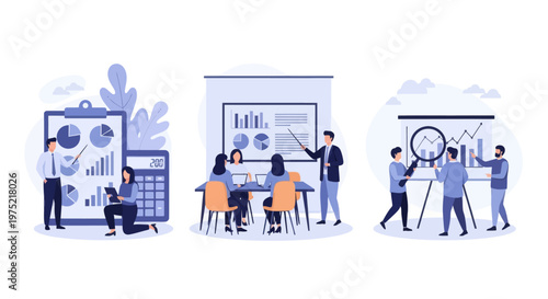 Master of Science in finance, Group of diverse people making business plan together, budget planning, study investment banking, management, set flat vector modern illustration