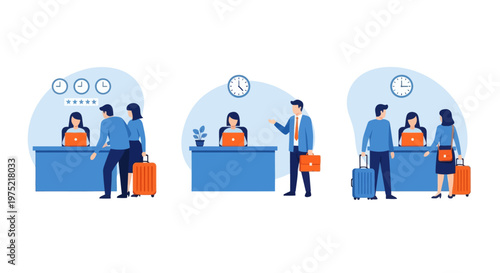 Hotel reception concept, registration hotel service, check in to hotel, Scene of visit to service center, set flat vector modern illustration 