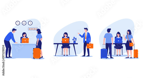 Hotel reception concept, registration hotel service, check in to hotel, Scene of visit to service center, set flat vector modern illustration 