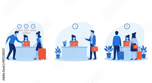 Hotel reception concept, registration hotel service, check in to hotel, Scene of visit to service center, set flat vector modern illustration 