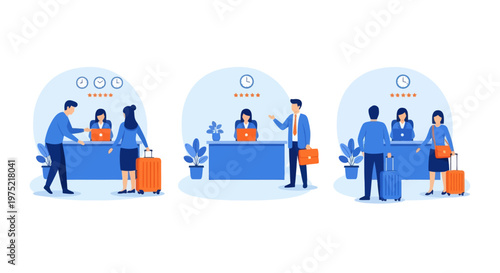 Hotel reception concept, registration hotel service, check in to hotel, Scene of visit to service center, set flat vector modern illustration 