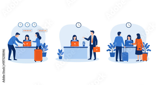 Hotel reception concept, registration hotel service, check in to hotel, Scene of visit to service center, set flat vector modern illustration 