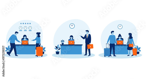 Hotel reception concept, registration hotel service, check in to hotel, Scene of visit to service center, set flat vector modern illustration 