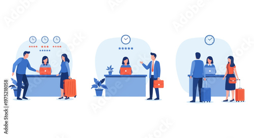 Hotel reception concept, registration hotel service, check in to hotel, Scene of visit to service center, set flat vector modern illustration 
