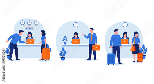 Hotel reception concept, registration hotel service, check in to hotel, Scene of visit to service center, set flat vector modern illustration 