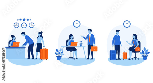Hotel reception concept, registration hotel service, check in to hotel, Scene of visit to service center, set flat vector modern illustration 