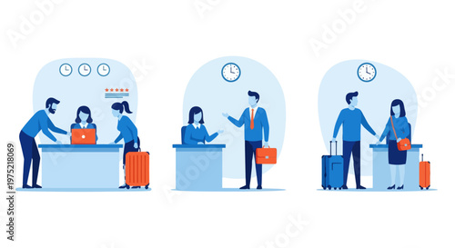 Hotel reception concept, registration hotel service, check in to hotel, Scene of visit to service center, set flat vector modern illustration 
