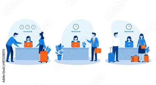 Hotel reception concept, registration hotel service, check in to hotel, Scene of visit to service center, set flat vector modern illustration 