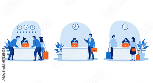 Hotel reception concept, registration hotel service, check in to hotel, Scene of visit to service center, set flat vector modern illustration 