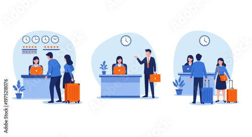 Hotel reception concept, registration hotel service, check in to hotel, Scene of visit to service center, set flat vector modern illustration 