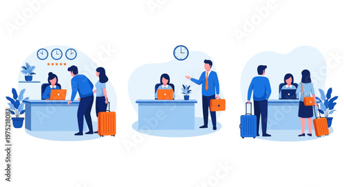Hotel reception concept, registration hotel service, check in to hotel, Scene of visit to service center, set flat vector modern illustration 