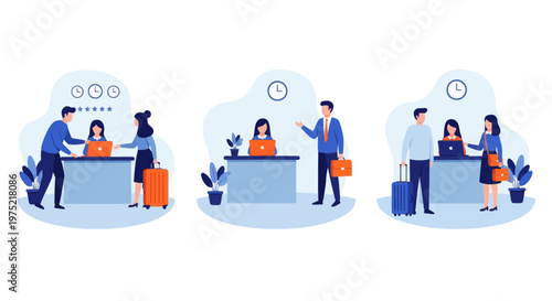 Hotel reception concept, registration hotel service, check in to hotel, Scene of visit to service center, set flat vector modern illustration 