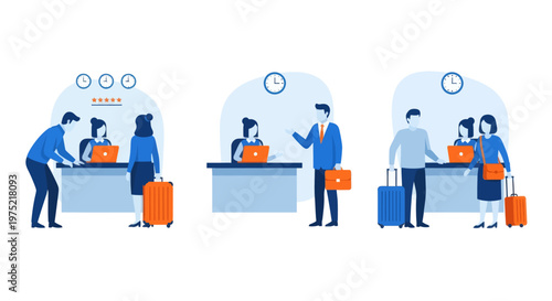 Hotel reception concept, registration hotel service, check in to hotel, Scene of visit to service center, set flat vector modern illustration 