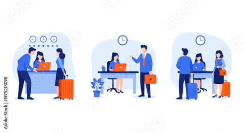 Hotel reception concept, registration hotel service, check in to hotel, Scene of visit to service center, set flat vector modern illustration 