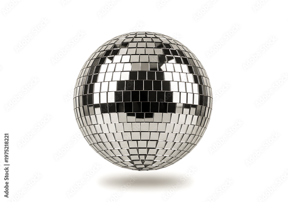 Fototapeta premium A reflective disco ball with a sleek metallic surface and intricate design pattern isolated on white background