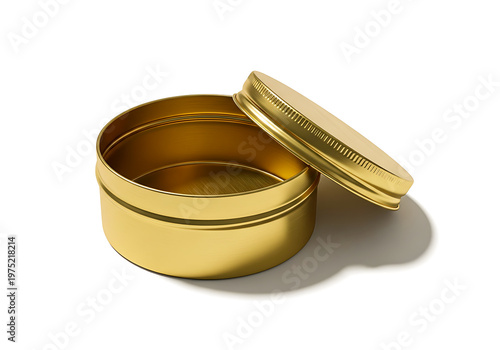 Elegant golden decorative box with hinged lid and intricate inner design isolated on white background