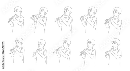 Line art illustration of children playing recorders in varied poses