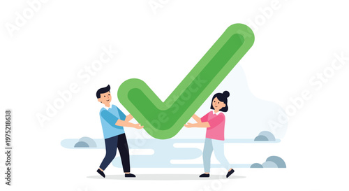 Two people reaching a deal with check mark
