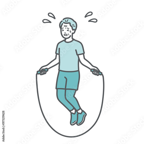 汗だくで辛そうに縄跳びをするシニア男性のイラスト