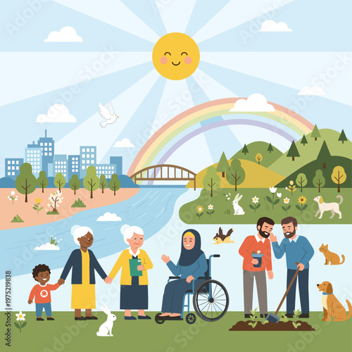 Diverse community thriving in harmony with nature and urban environment under a bright sun and rainbow, illustrating inclusivity and well-being.
