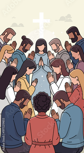 A diverse group of people praying together in a circle with a glowing cross in the background, symbolizing faith and community.