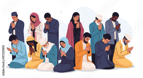 A diverse group of people of various ethnicities and ages praying together in a unified spiritual gathering.