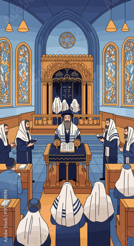 A Jewish congregation gathers in a synagogue for a religious service, with a rabbi leading prayers at the bimah.