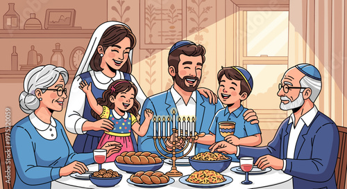 A joyous multi-generational Jewish family celebrating Hanukkah around a table laden with traditional foods and a menorah.