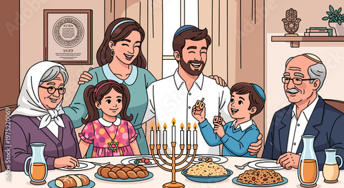A joyful Jewish family gathers around a table to celebrate Hanukkah, with a menorah lit and traditional foods laid out.