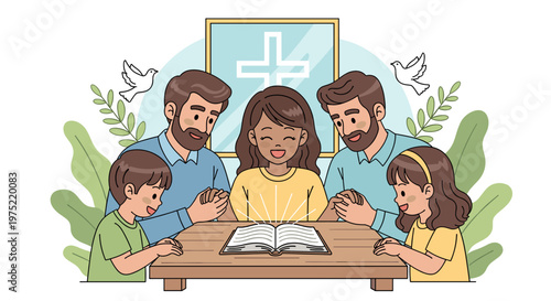 A diverse family gathers around a table, holding hands in prayer over an open Bible, with doves and greenery symbolizing peace and faith.