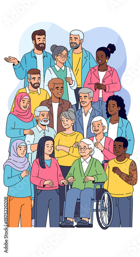 A diverse group of people of various ages, ethnicities, and abilities gathered together, showcasing unity and community.