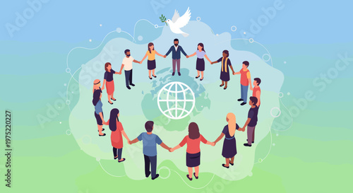 Diverse people holding hands in a circle around a globe with a peace dove, symbolizing global unity and cooperation.