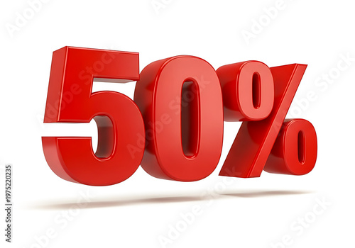 Large three dimensional red fifty percent sign isolated on white background. Massive sale discount offer graphics.