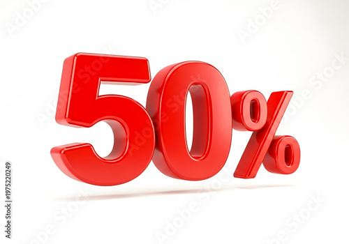 Red 3d 50 percent discount sign for retail sale marketing. Large bold numbers for commercial offer and promotion.