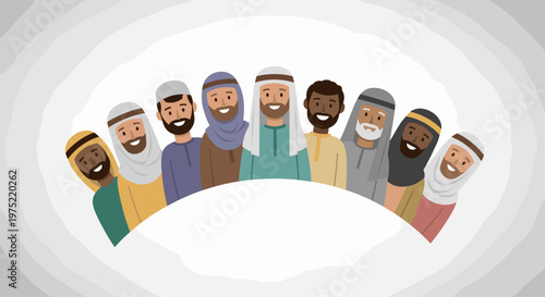 A diverse group of smiling men in traditional Middle Eastern attire, representing community and unity in a friendly illustration.