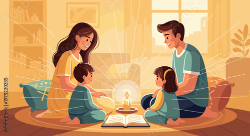 A family of four, including parents and two children, sitting on a rug around a lit candle and an open book, sharing a warm and intimate moment together.