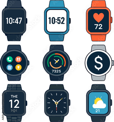 Smartwatch faces with various designs and apps